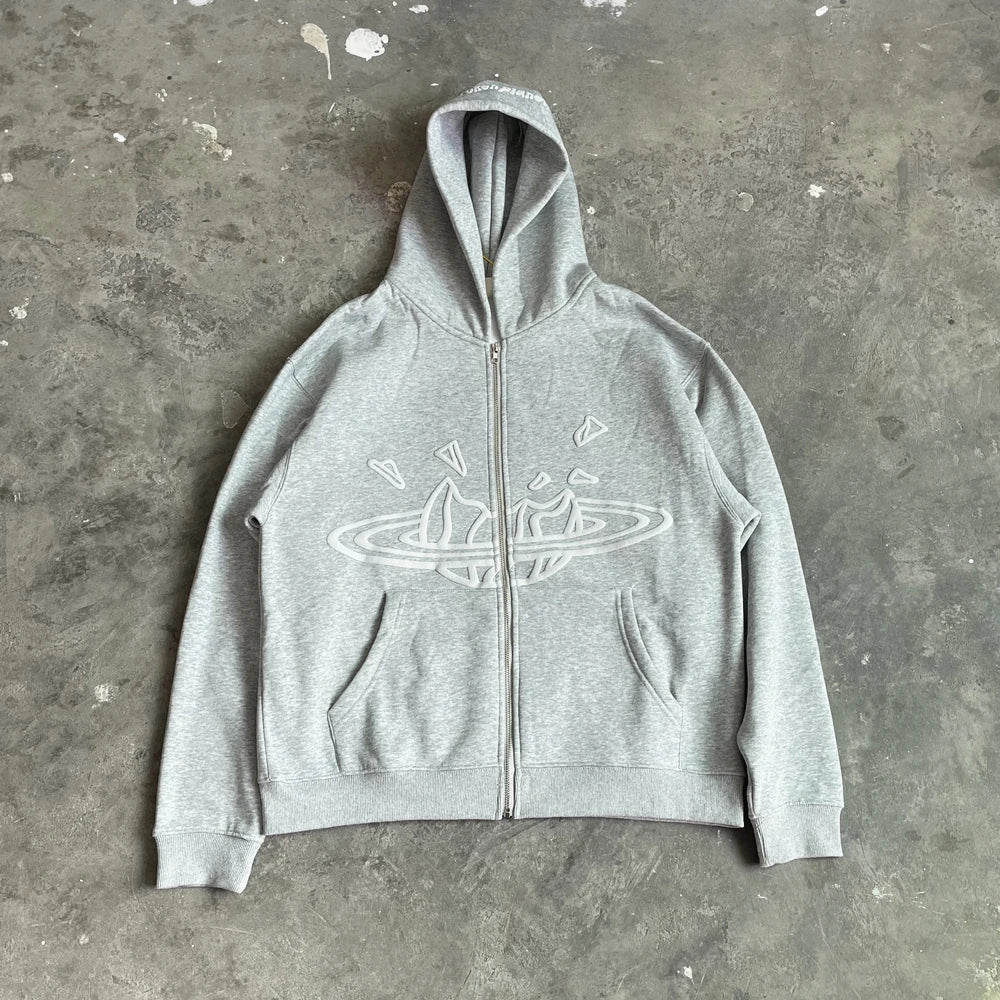 Men’s Oversized Fleece Jacket Yao Broken Brand Streetwear Zip Up
