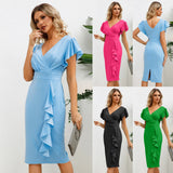 Women's V-neck Ruffled Edge Slim Fit Temperament Dress with Flying Sleeves Vestidos