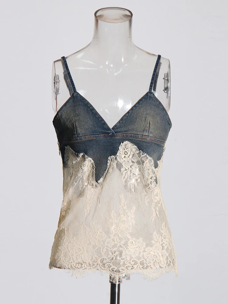 Patchwork Lace Two-Piece Set for Women V Neck Sleeveless Top and High Waist Pants