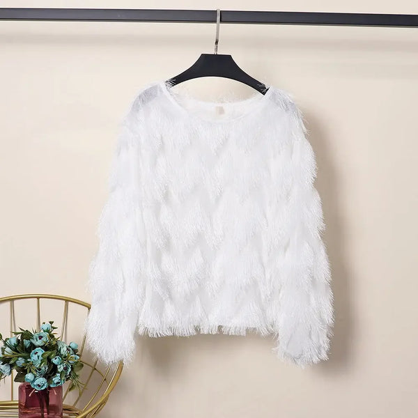 Blouse Women Autumn Wave Shape Furry Tassel Long Sleeve Pullover