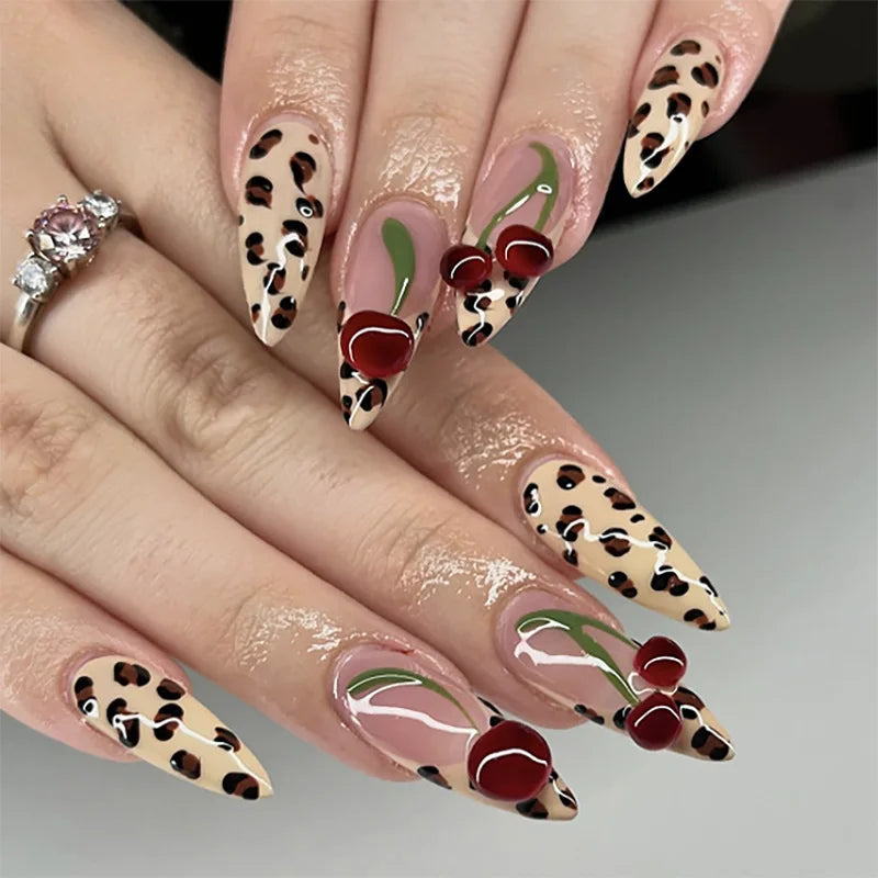 24pcs 3D Carving Devil Flower Press On Nails Brown Long Almond