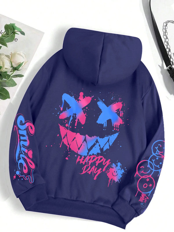 Graffiti Print Hoodie Oversized Crewneck Street Hip Hop Vintage