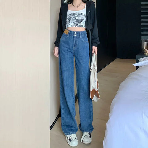 High Waisted Double Button Pants Fashion Leather Patch