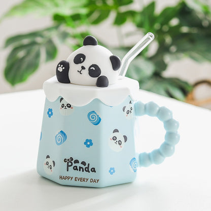 Cartoon Ceramic Mug With Lid and Spoon Creative
