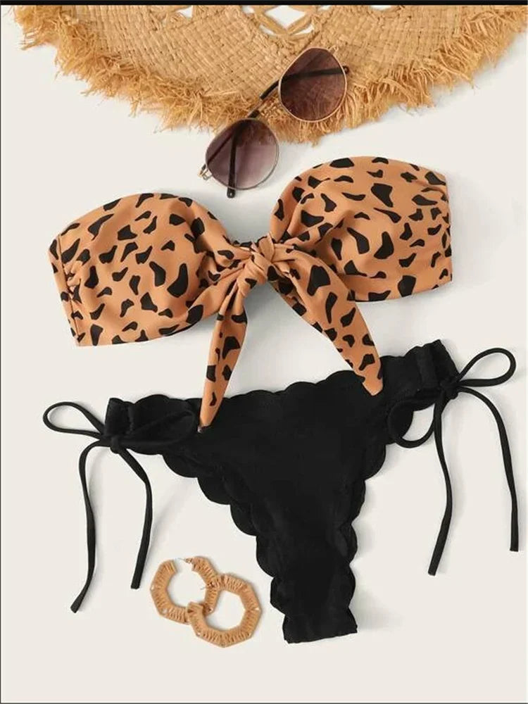 Bikini 2024 Woman Sexy Front Lace Up Tie Bandeau Leopard Swimsuit