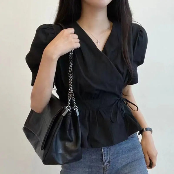 V Neck Lace Up Blouse Women Korean Slim Fit Office Summer Top
