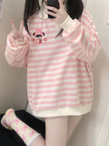 Sweatshirt Pink Striped Woman Japanese Cute Cartoon Print Polo Collar Pullover