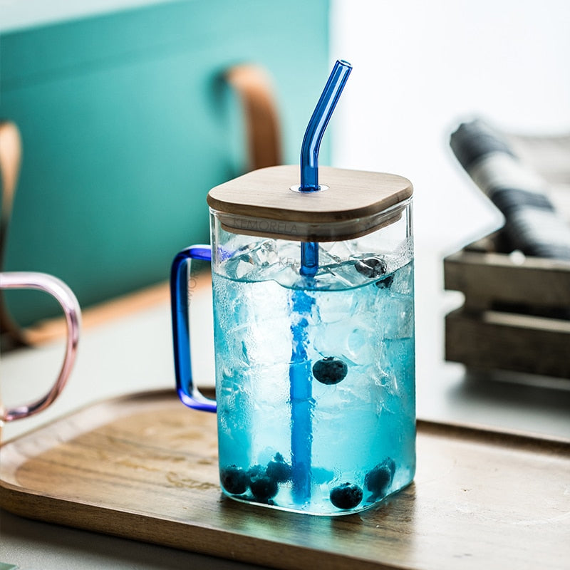 Glass Straw With Colorful Handle Milk Tea Mugs Iced Coffee Cup