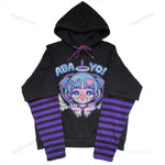 Fake Two Piece Striped Patchwork Hoodies Clothes for Teens Y2K Anime Harajuku