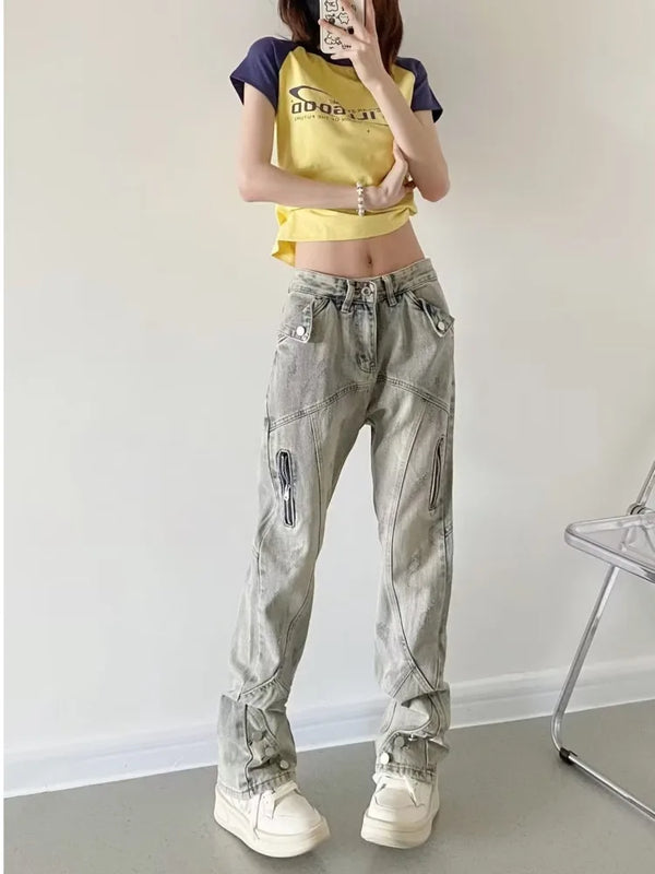 Yellow Zippered Straight Jeans Women’s High Street Flared Pants