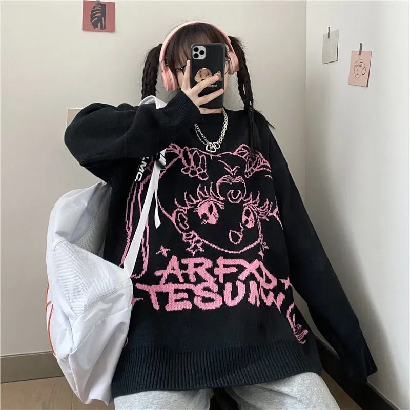 Streetwear women Anime Print Knitted Sweater Long Sleeve Jumper