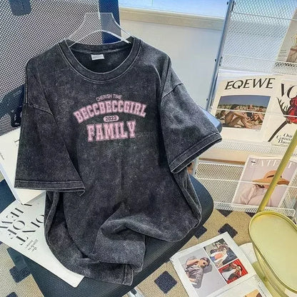 American Retro Wash T-Shirt Men's Summer Loose High Street Fashion