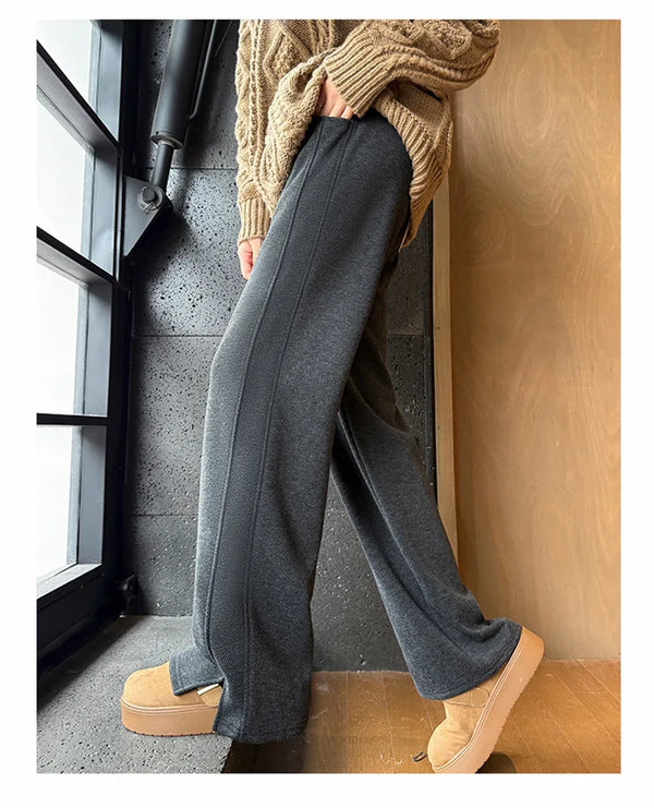 Fleece Lined Wide Leg Pants Women Split Hem Winter Trousers