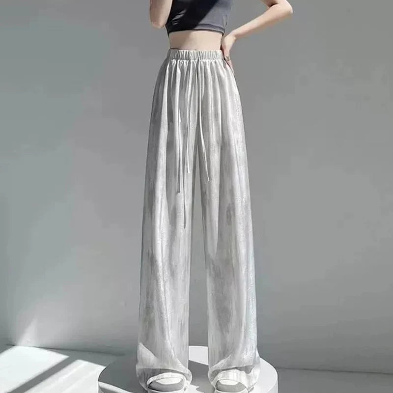 Satin Tie Dye Wideleg Pants Women Drawstring Draped Straight Pants