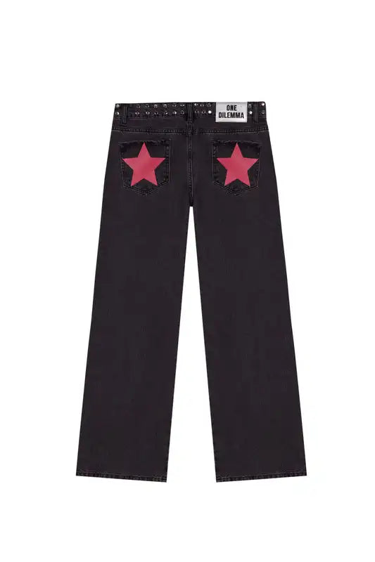 Y2K Black Baggy Jeans Women Star Sequin Rivet Washed Denim