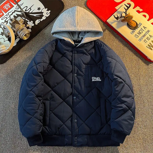 Men's Quilted Hooded Bomber Jacket Retro Casual Streetwear Coat