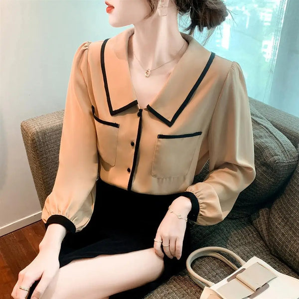 Womens Chiffon Blouse Long Sleeve Dressy Top Elegant Work Casual