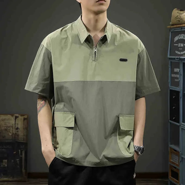 Mens Cargo Pocket Polo Shirt Half Zip Patchwork Casual Tee 2026