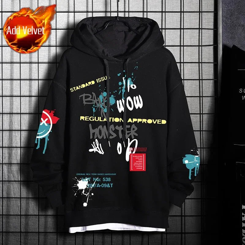 2025 Men's Hip Hop Print Hoodie Warm Streetwear Sweatshirt