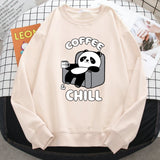 Coffee And Chill Kawaii Panda Print Hoodie Soft Fleece Pullover Loose Warm