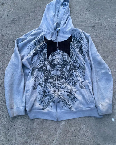 Y2K Vintage Fashion Skull Print Zip Up Hoodie Herbst Winter Herren