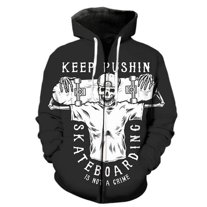 Cartoon Skull Skateboard Zipper Hoodie Cool 3D Print Streetwear for Men