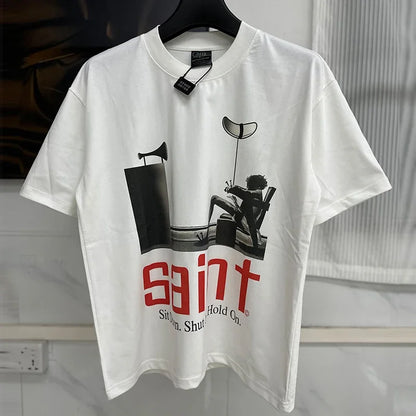 Vintage Washed Target Print T-Shirt Men Oversized Streetwear