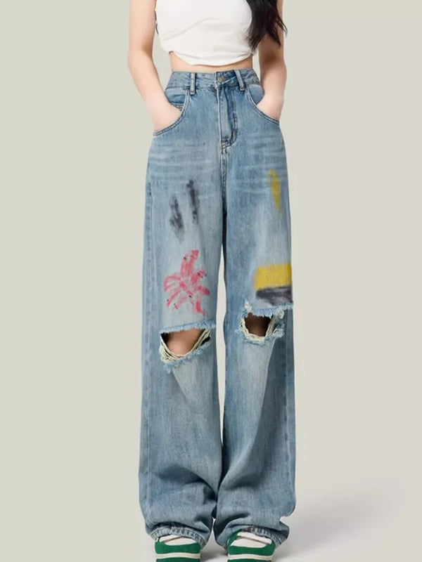 Colored Distressed Wide-Leg Jeans for Women High Waist Summer Trendy