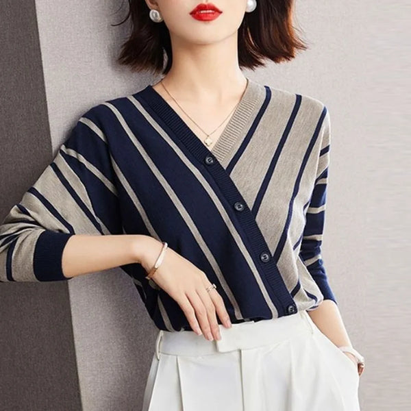Womens Striped Pullover Sweater V Neck Long Sleeve Button Fall Winter