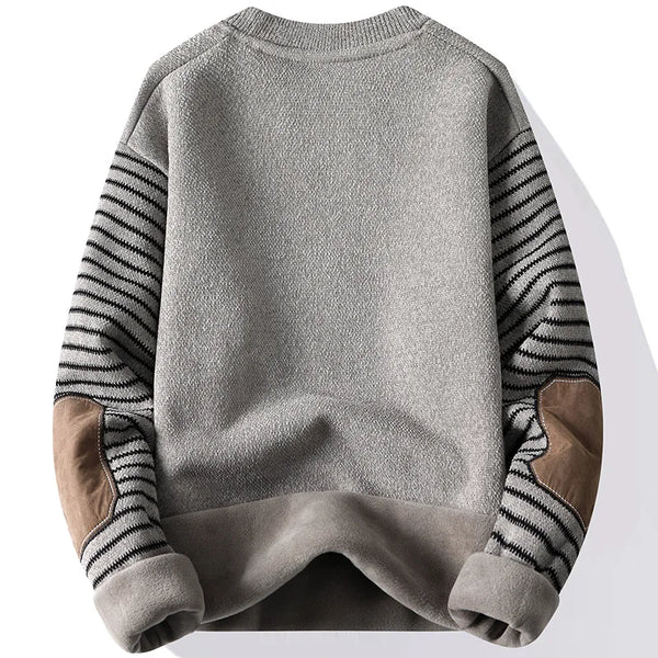 Mens Patchwork Crew Neck Sweater Fleece Lined Thick Warm Winter