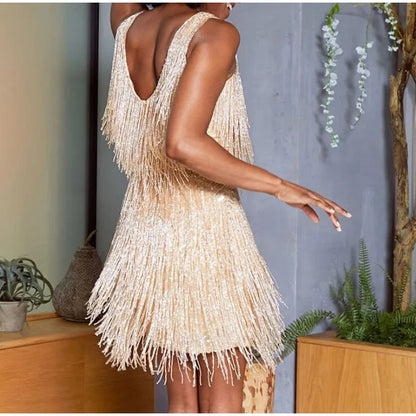 Tassel Sequins Feather Mini Dress Women Spaghetti Strap Stitching Dresses