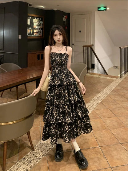 Y2k Korean Style One Piece Floral Dress Women Vintage Elegant Layered High