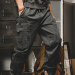Men Cargo Pants Casual Solid Color Multi Pockets Elastic Waist Drawstring Loose Streetwear
