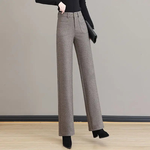 Womens Wool Blend Wide Leg Pants High Waist Straight Fall Trousers