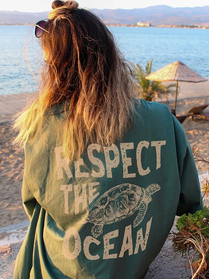 Womens Respect The Ocean Turtle Tee Casual Short Sleeve
