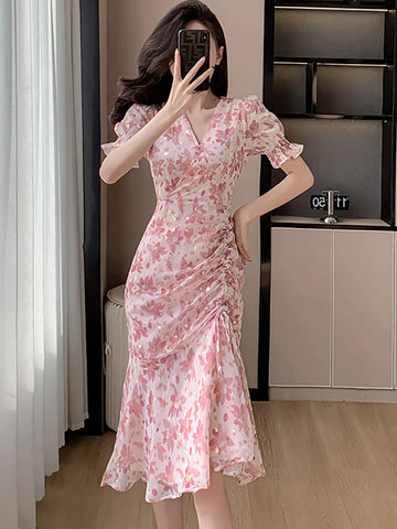 2024 rosa Floral Chiffon Pailletten Prom Kleidung Frauen Kurzarm V-ausschnitt