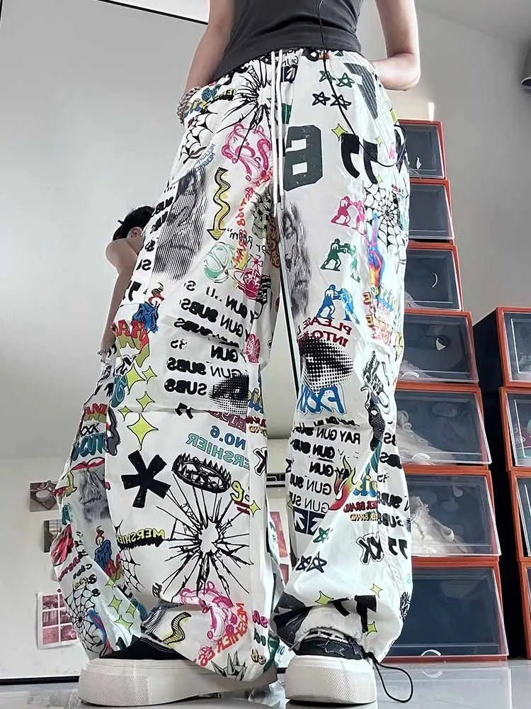 Women's Retro Graffiti Wide Leg Pants Loose Breathable Streetwear