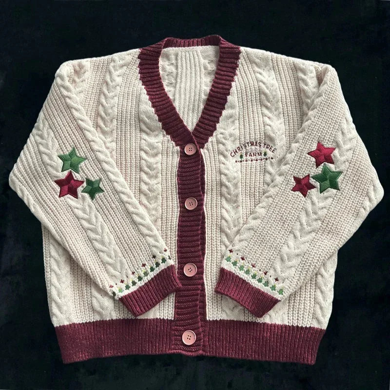 Women’s Christmas Tree Knitted Cardigan – Star Embroidery Holiday Sweater