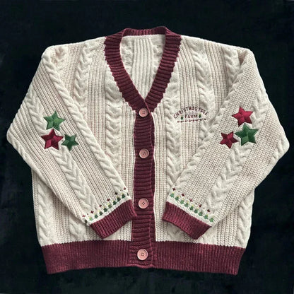 Women’s Christmas Tree Knitted Cardigan – Star Embroidery Holiday Sweater