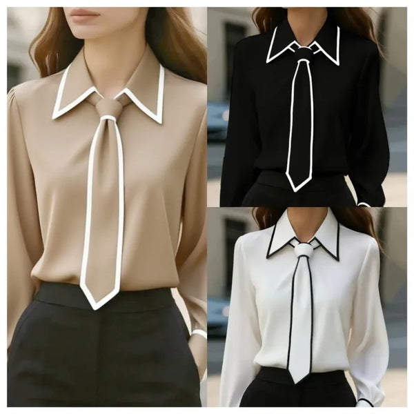 Bow Tie Blouse Women Long Sleeve Office Contrast Trim Work Shirt
