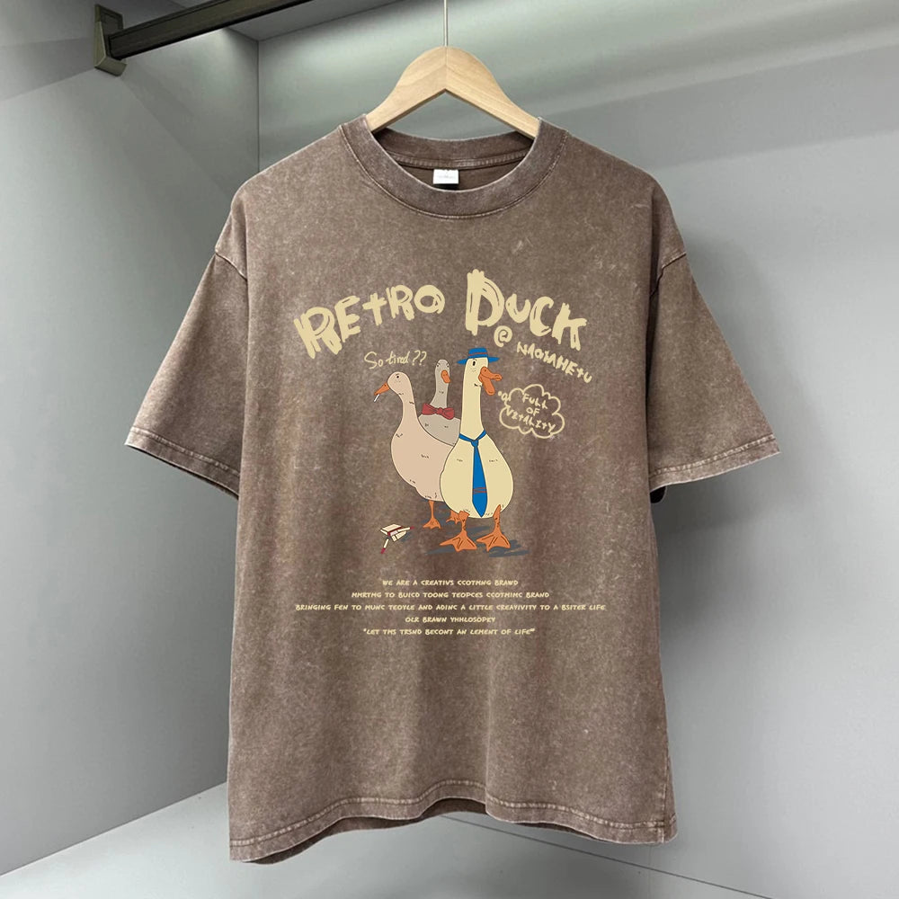 Three Ducks Retro Cartoon T-shirt for Men Summer Washed