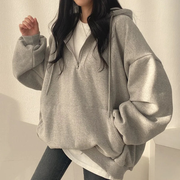 Oversized Half Zip Hoodie Women Solid Harajuku Pocket Sweatshirt