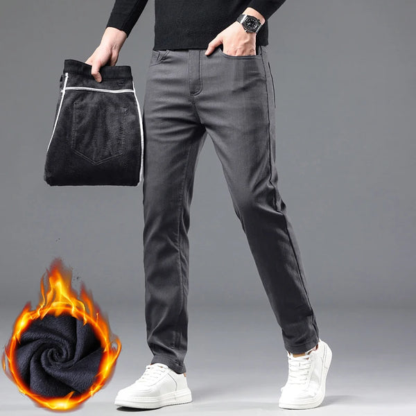Mens Thick Fleece Lined Pants Slim Fit Winter Warm Business Casual
