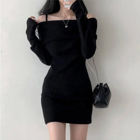 Korean Off-Shoulder Suspender Knit Dress for Women