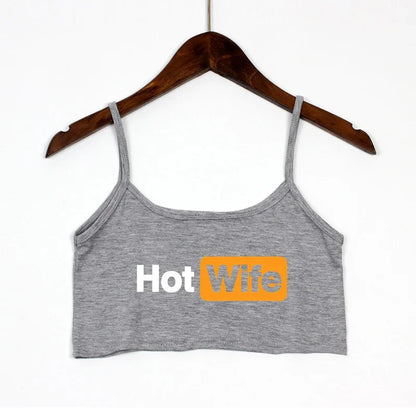 Women's Elastic Cotton HOT WIFE Letters Print Female Crop Top Sleeveless Short