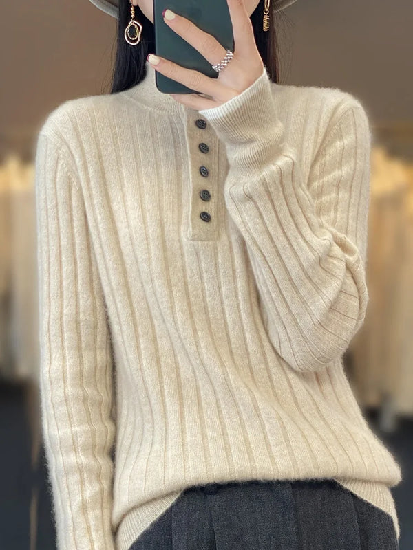 Womens Winter Merino Wool Sweater Turn Down Collar Soft Pullover