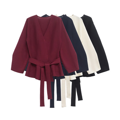 Women's Knit Blazer - Shoulder Pad Belted V-Neck Jacket