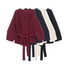 Women's Knit Blazer - Shoulder Pad Belted V-Neck Jacket