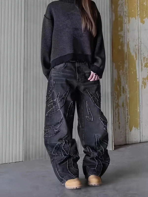 Mens Wide Leg Jeans Flame Embroidered Graffiti Vintage Denim