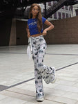 Pants Y2k Casual Prints Flare For Women Clothes Elastic Waist Fashion
